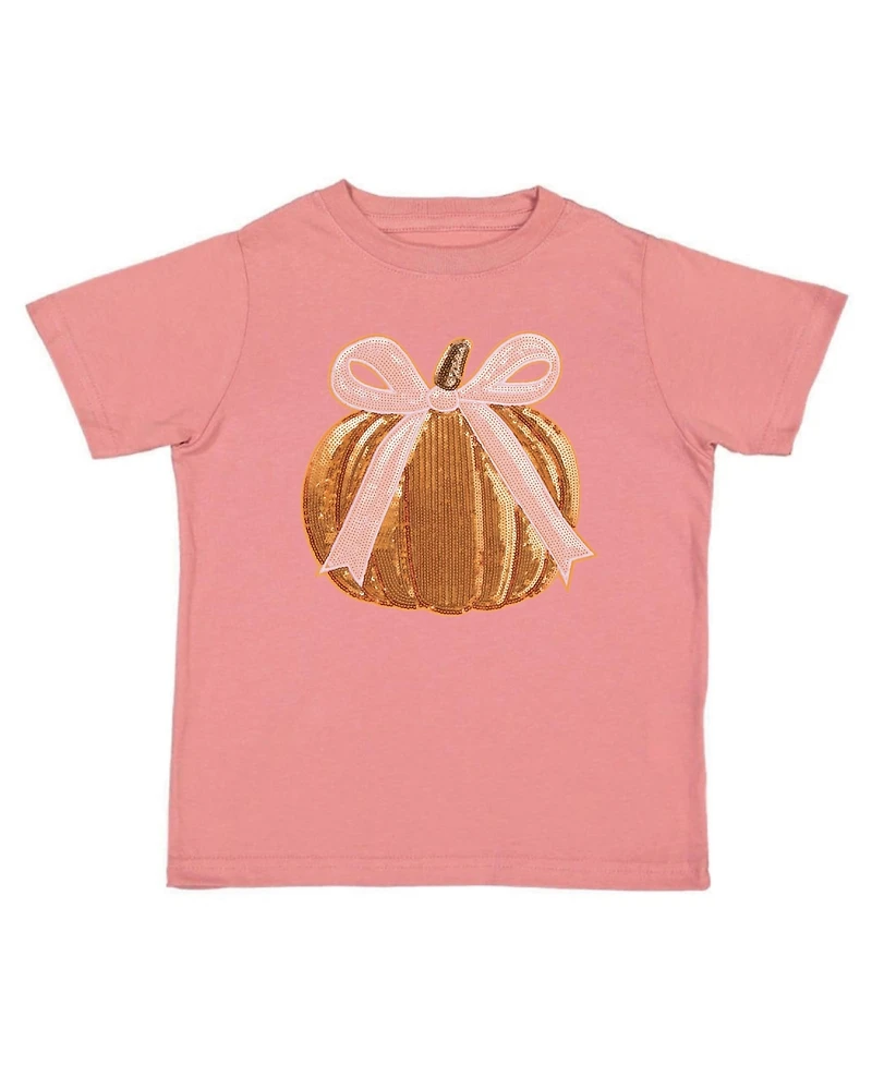 Sweet Wink Little Girls Coquette Pumpkin Sequin Patch Short Sleeve T-Shirt
