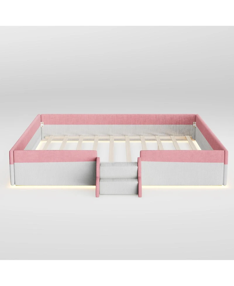 Streamdale Furniture King Size Upholstered Floor Bed with Fence and Led Lights