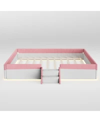 Streamdale Furniture King Size Upholstered Floor Bed with Fence and Led Lights