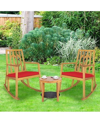 Costway 2 Piece Patio Rocking Chair Acacia Wood Armrest Cushioned Sofa Garden Deck