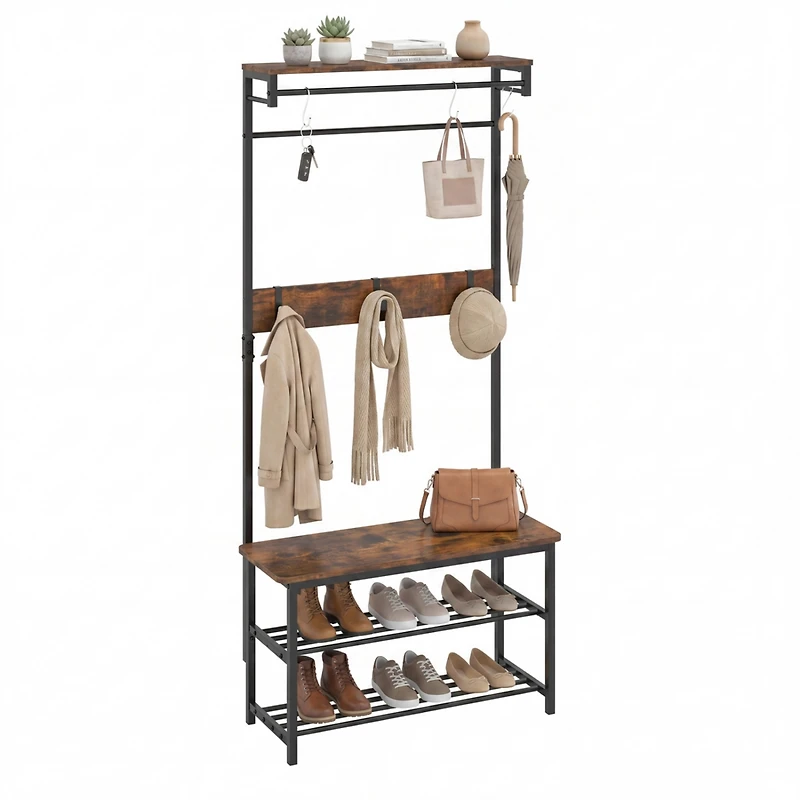 Sugift 4-in-1 Hall Tree with Shoe Bench Hanging Rod and Removable Hooks
