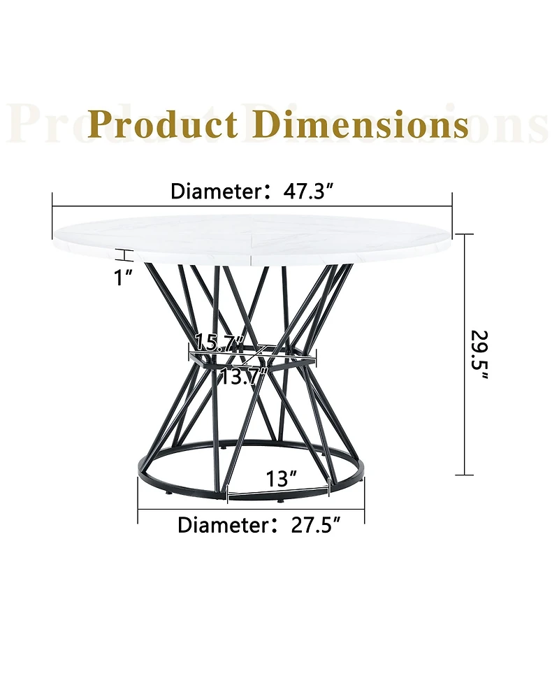 Flynama 47.3 Inch Marble Mdf Round Dining Table, Modern Industrial Hourglass Metal Bracket Table for 4-6 People