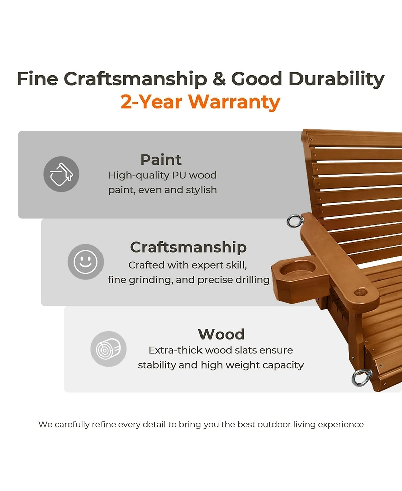 Mega Casa 2-Seater 4.5 Ft Large Wooden Porch Swing for Outdoor Patio Garden
