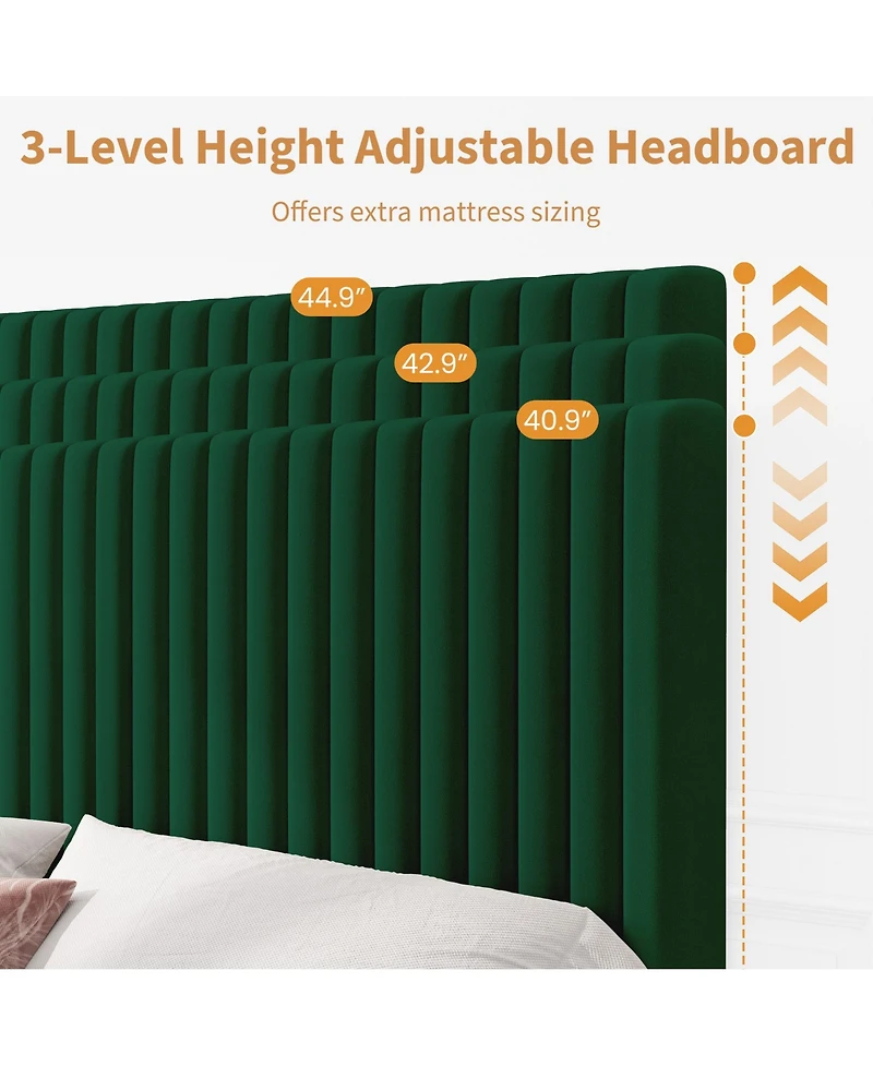 Gaomon Velvet Upholstered Platform Bed Frame with Adjustable Headboard, Vertical Channel Tufted
