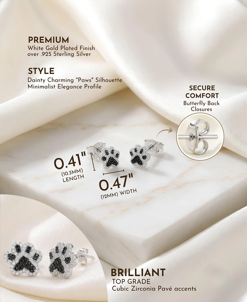 Genevive Dainty White Gold Plated Cz Paws" Stud Earrings