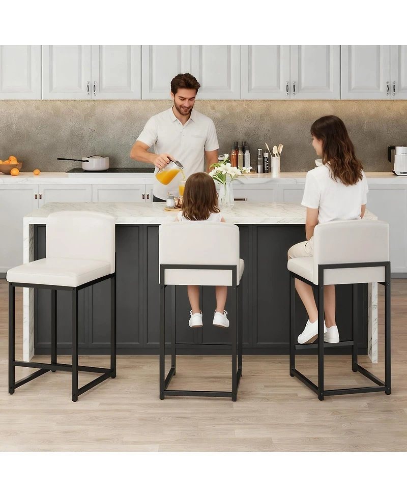 gaomon White Bar Stools Set of 6 Counter Height Faux Leather Upholstered Chairs with Backrest Sturdy Metal Legs for Kitchen Island Dining Room