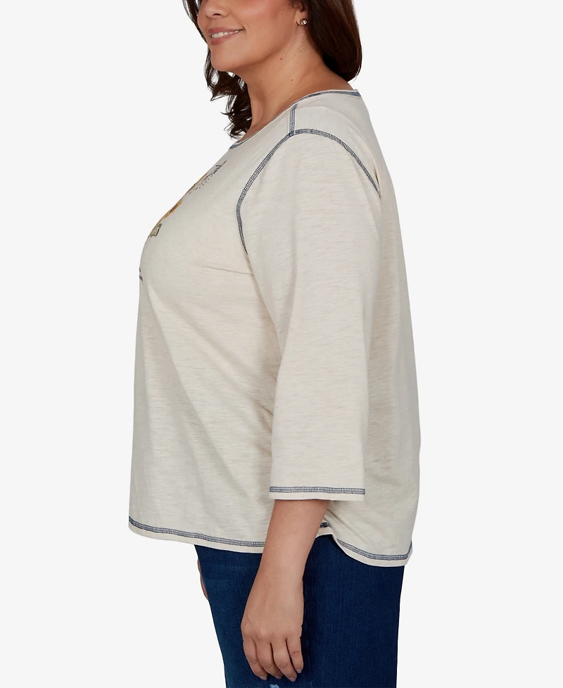 Alfred Dunner Plus 3/4-Sleeve Sunflower-Graphic Cotton-Polyester Blend T-Shirt