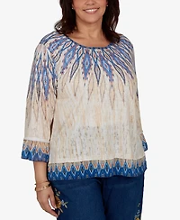 Alfred Dunner Plus Ikat-Print Scoop-Neck 3/4-Sleeve Blouse
