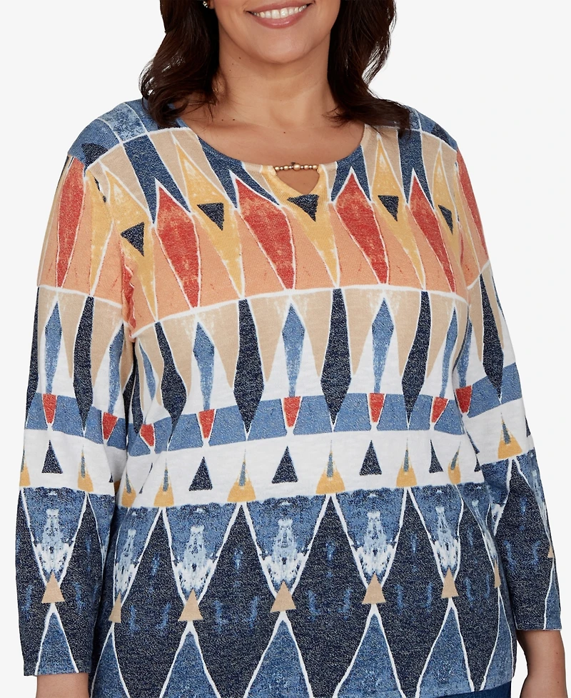 Alfred Dunner Plus 3/4-Sleeve Geometric-Print Keyhole Pullover Sweater