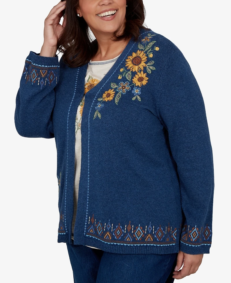 Alfred Dunner Plus V-Neck Long-Sleeve Floral-Embroidered Cotton-Blend Cardigan Sweater