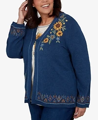 Alfred Dunner Plus V-Neck Long-Sleeve Floral-Embroidered Cotton-Blend Cardigan Sweater