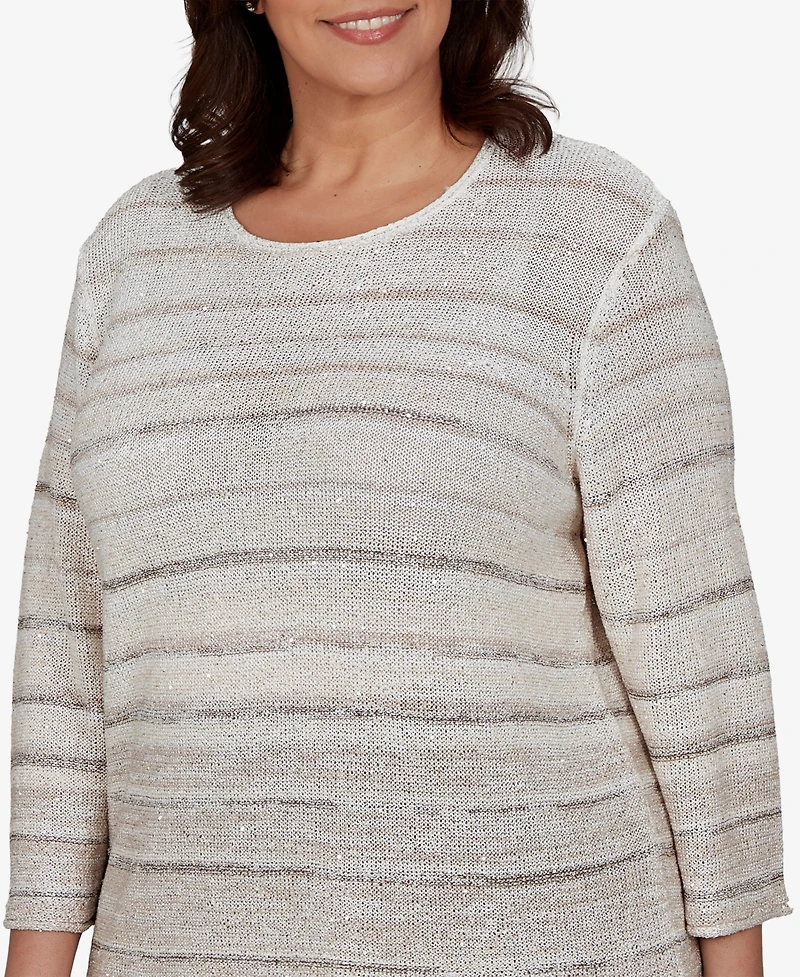 Alfred Dunner Plus Crew Neck 3/4-Sleeve Striped Sweater
