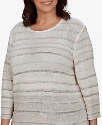 Alfred Dunner Plus Crew Neck 3/4-Sleeve Striped Sweater