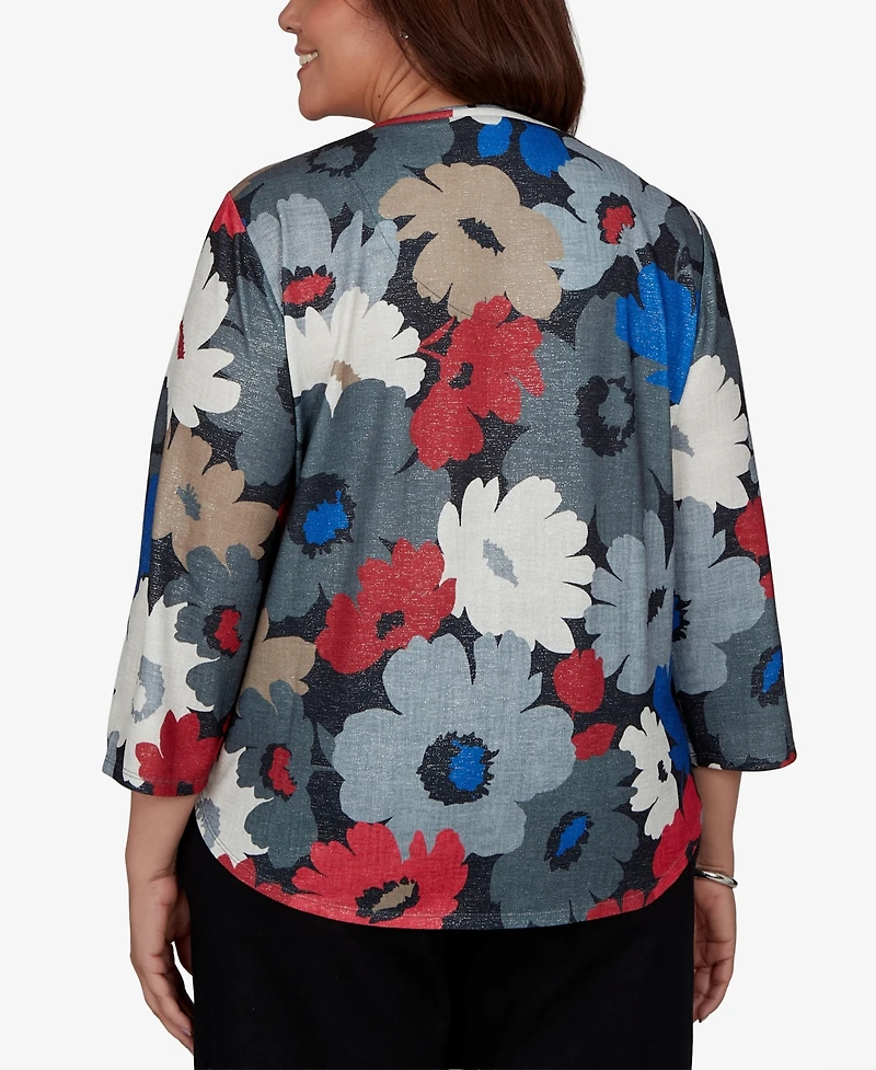 Alfred Dunner Plus Floral V-Neck 3/4-Sleeve Blouse