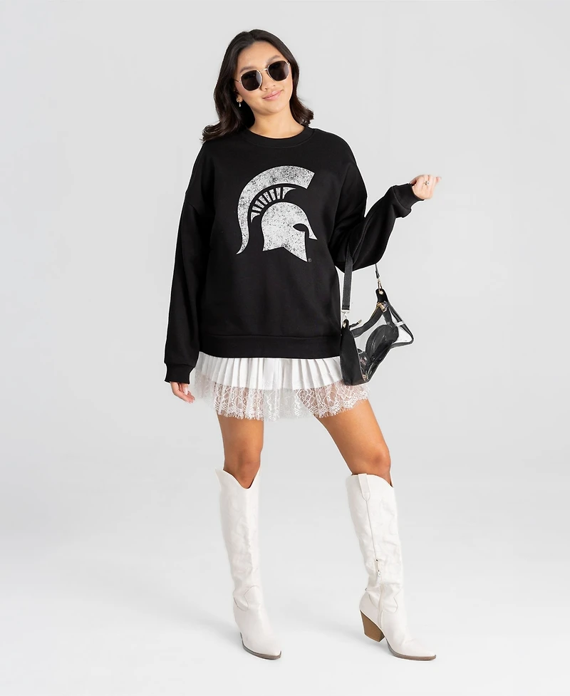 Gameday Couture Women's Michigan State Spartans Bold Move Black Label Distressed-Graphic Dropped-Shoulder Sweatshirt