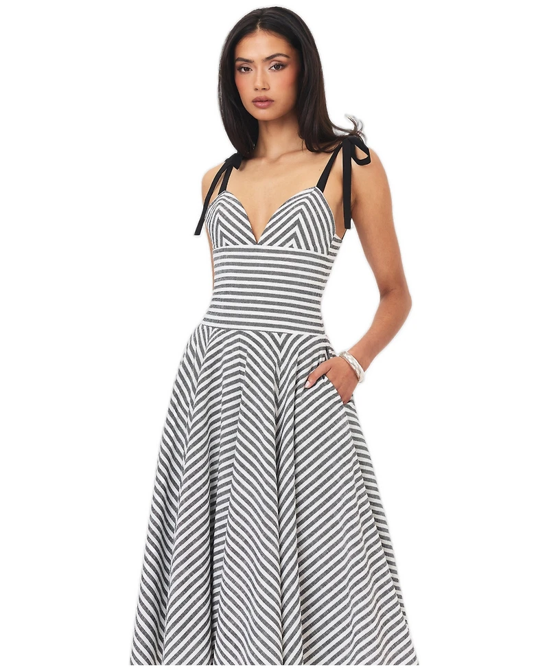 Miss Circle Women's Riley Black and White Striped Linen Flared Midi Dress