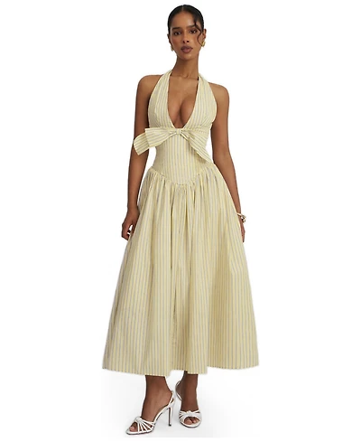 Miss Circle Women's Talise Lemon Yellow Cotton Poplin Stripe Plunging Halter Maxi Dress