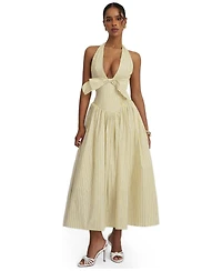 Miss Circle Women's Talise Lemon Yellow Cotton Poplin Stripe Plunging Halter Maxi Dress