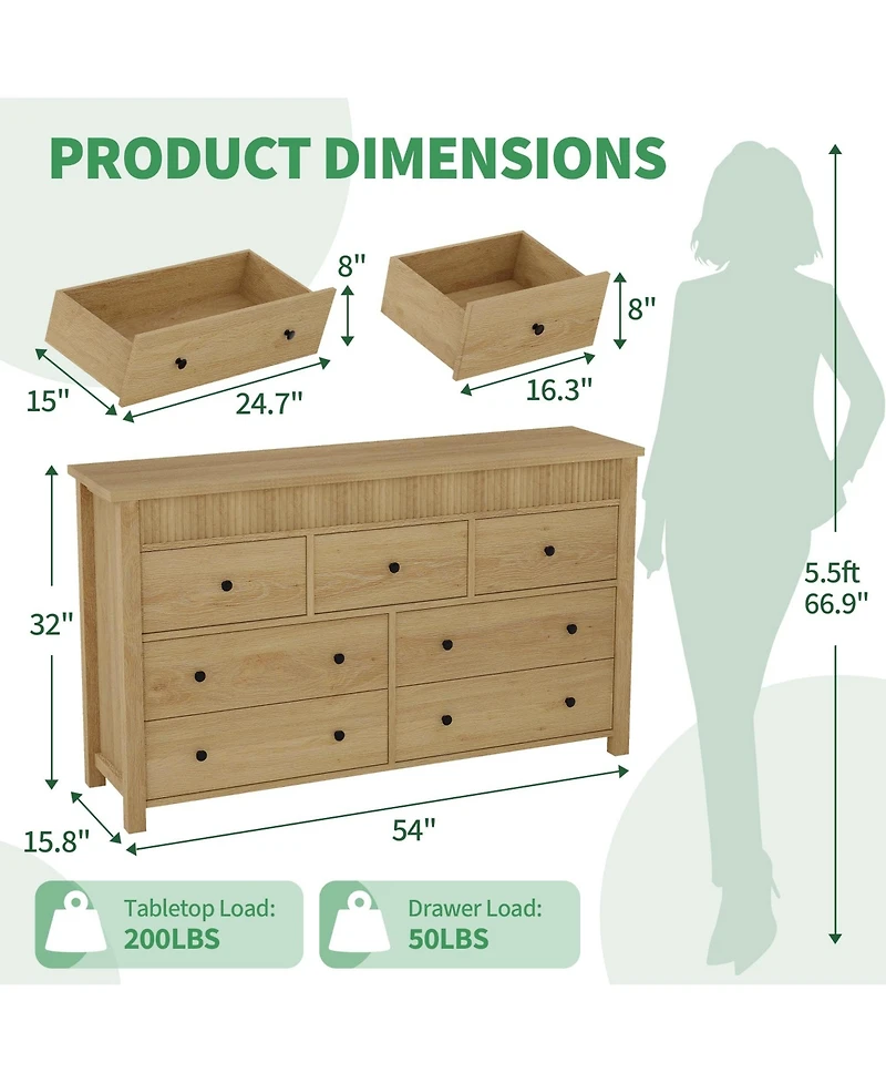 homfan 7-Drawer Dresser for Bedroom Wooden Chest of Drawers, Fluted Tv Stand, Storage Organizer for Living Room, Hallway or Entryway