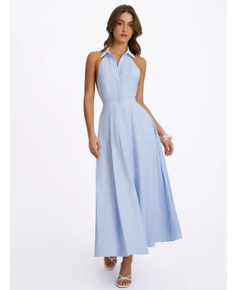 Miss Circle Women's Winslet Sky Blue Striped Cotton Poplin Halter Maxi Dress