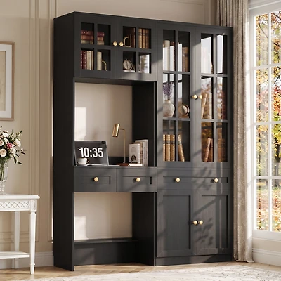 Aheaplus Farmhouse Cabinet with Glass Hutch and Writing Desk for Living Room