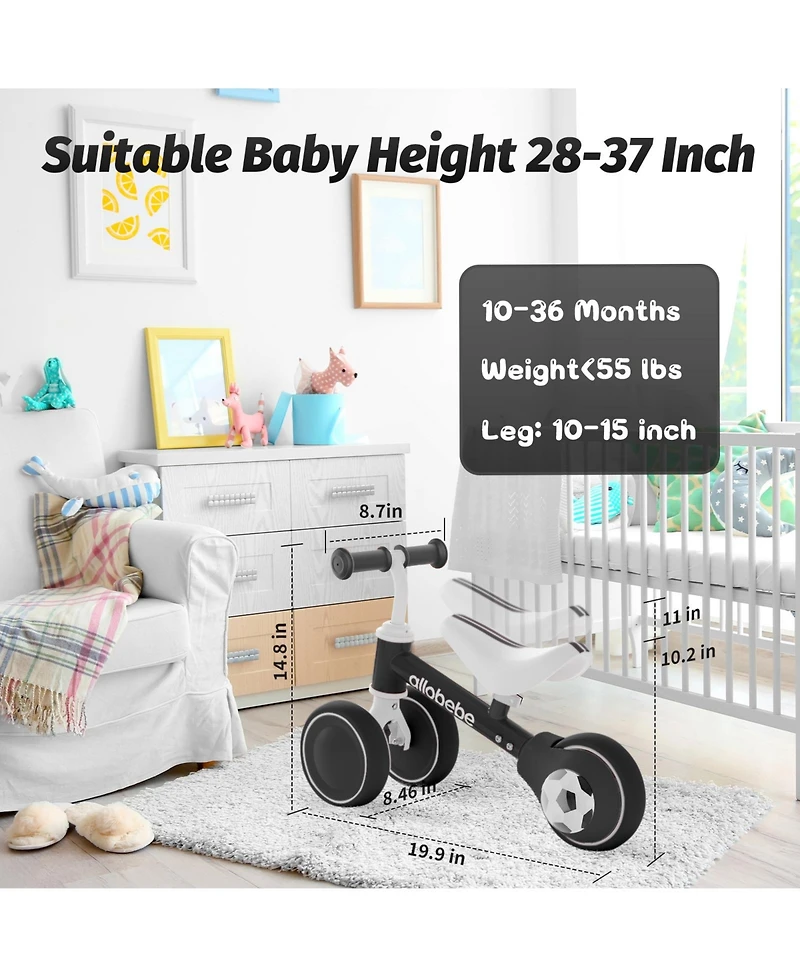 Allobebe Baby Balance Bike 3-Wheel with Adjustable Seat and Silent Wheels Ride-On, Ages 1-3