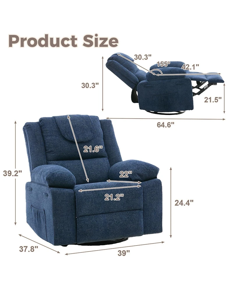 homfan 150 Degree Reclining Accent Chair for Adults, 360 Swivel Rocking Single Sofa with Vibration Massage and Heating, Side Pocket for Living Room
