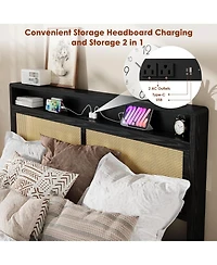 gaomon Rattan Bed Frame with Storage Drawer and Led Lights, Platform Charging Station, Headboard Shelf, Cane Panels