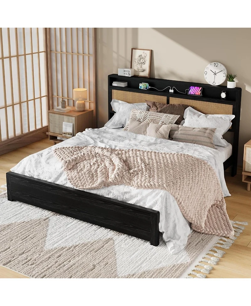 gaomon Rattan Bed Frame with Storage Drawer and Led Lights, Platform Charging Station, Headboard Shelf, Cane Panels