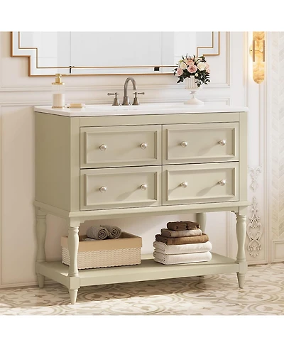 Tribesigns 36" Bathroom Vanity with Ceramic Sink, 4 Drawers