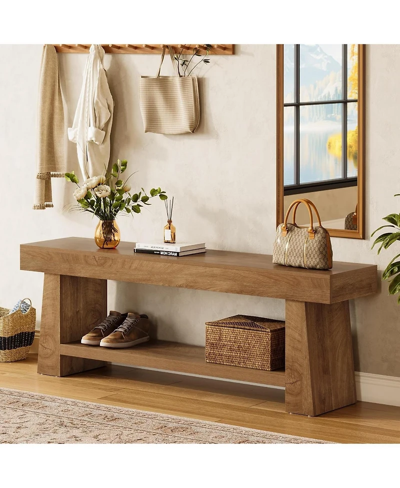 Tribesigns Wooden Entryway Bench with Shoe Storage: 63" 2-tier farmhouse bench with open shelves. Seating for hallway, foyer, end of bed