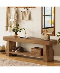 Tribesigns Wooden Entryway Bench with Shoe Storage: 63" 2-tier farmhouse bench with open shelves. Seating for hallway, foyer, end of bed