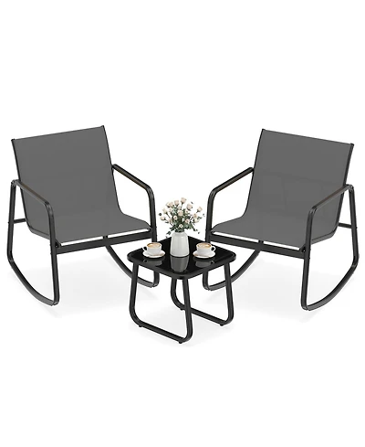 Gymax 3 Piece Patio Rocking Set 2 Rocking Bistro Chairs and Glass-Top Table for Porch