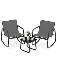 Gymax 3 Piece Patio Rocking Set 2 Rocking Bistro Chairs and Glass-Top Table for Porch