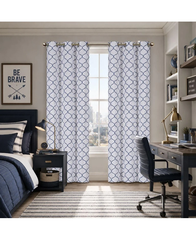 Kate Aurora Dorm Essentials Navy Trellis Grommet Top Window Curtain Panel Pair