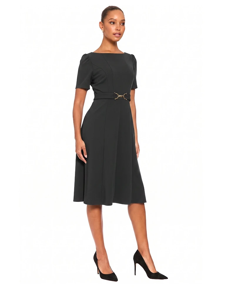 London Times Petite Belted Midi Boat Neck Dress