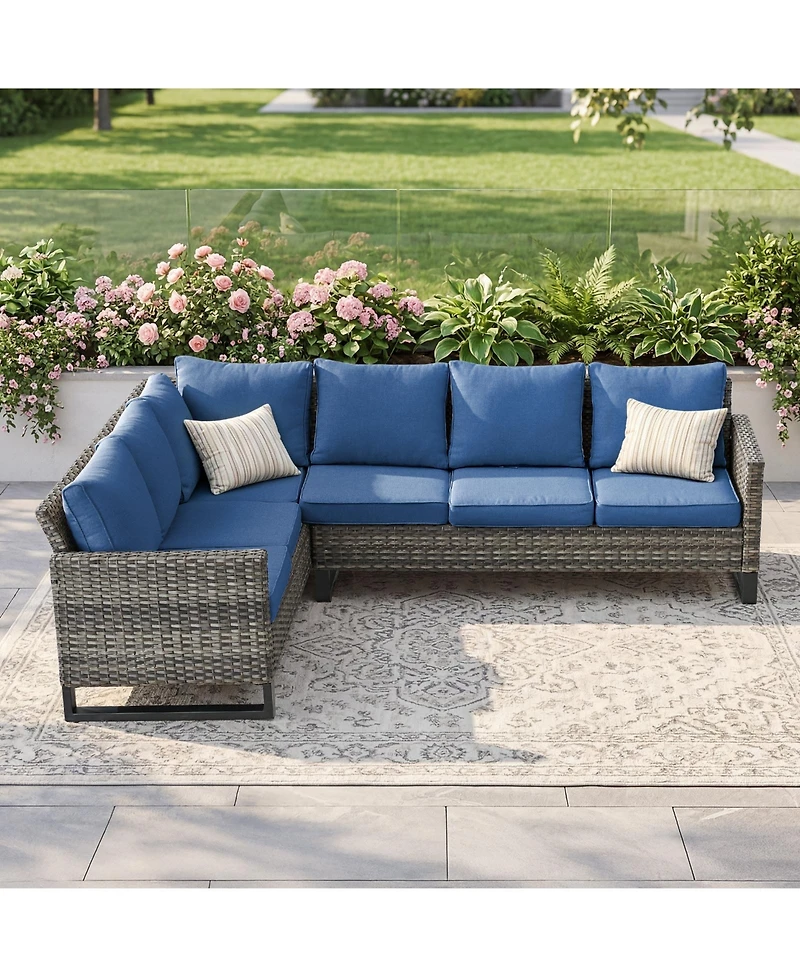 Pocassy 6-Seat Outdoor Sectional Sofa L Shaped Couch Patio Conversation Furniture Set, Wicker with Removable Cushion