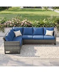 Pocassy 6-Seat Outdoor Sectional Sofa L Shaped Couch Patio Conversation Furniture Set, Wicker with Removable Cushion