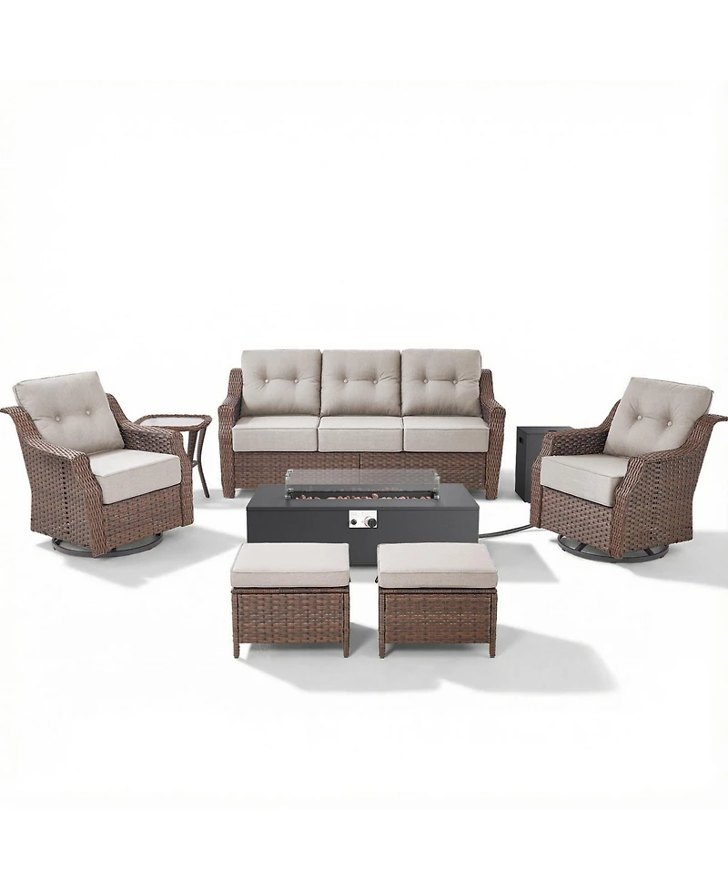 Pocassy Outdoor Furniture With 6-Inch Extra Thick Cushions, Patio Set Fire Pit Table and Swivel Chairs, 8Piece Wicker Conversation