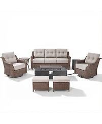 Pocassy Outdoor Furniture With 6-Inch Extra Thick Cushions, Patio Set Fire Pit Table and Swivel Chairs, 8Piece Wicker Conversation
