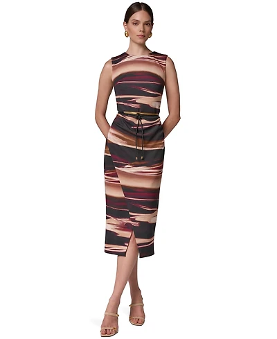 Sleeveless Printed Midi Sheath Dress with Belt