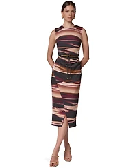 Sleeveless Printed Midi Sheath Dress with Belt