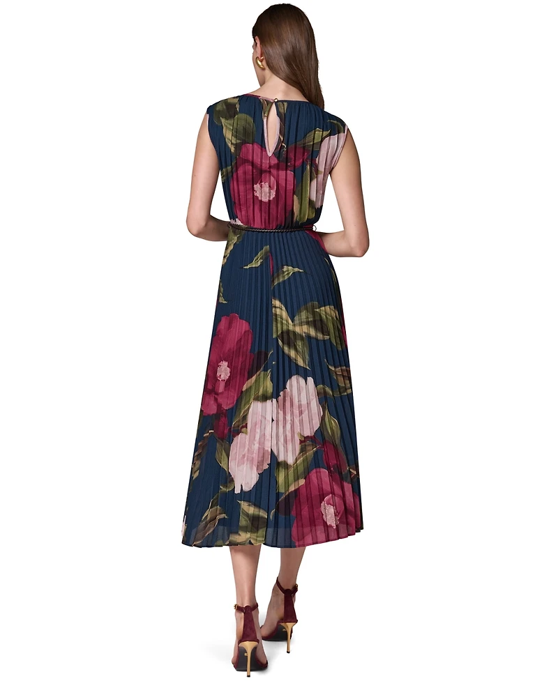 Donna Karan New York Women's Cap Sleeve Floral Chiffon A-Line Midi Dress