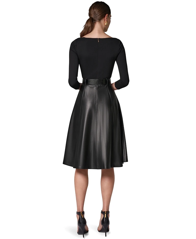 Donna Karan New York Women's Boat Neck Mixed Media Belted Fit & Flare Dress