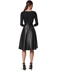 Donna Karan New York Women's Boat Neck Mixed Media Belted Fit & Flare Dress