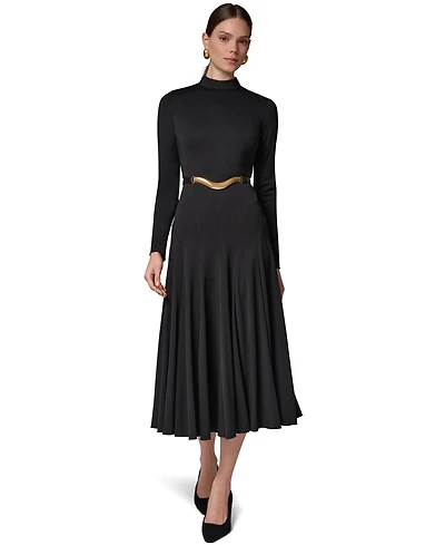 Donna Karan New York Women's Long Sleeve Mock Neck Pleated Maxi Dress with Belt