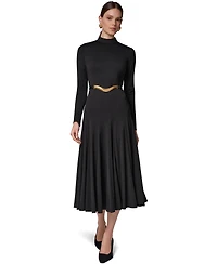 Donna Karan New York Women's Long Sleeve Mock Neck Pleated Maxi Dress with Belt