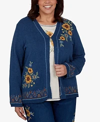 Alfred Dunner Plus V-Neck Long-Sleeve Floral-Embroidered Cotton-Blend Cardigan Sweater