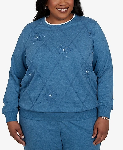 Alfred Dunner Plus Crewneck Long-Sleeve Argyle With Rhinestone Embellishments Top