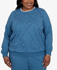 Alfred Dunner Plus Crewneck Long-Sleeve Argyle With Rhinestone Embellishments Top